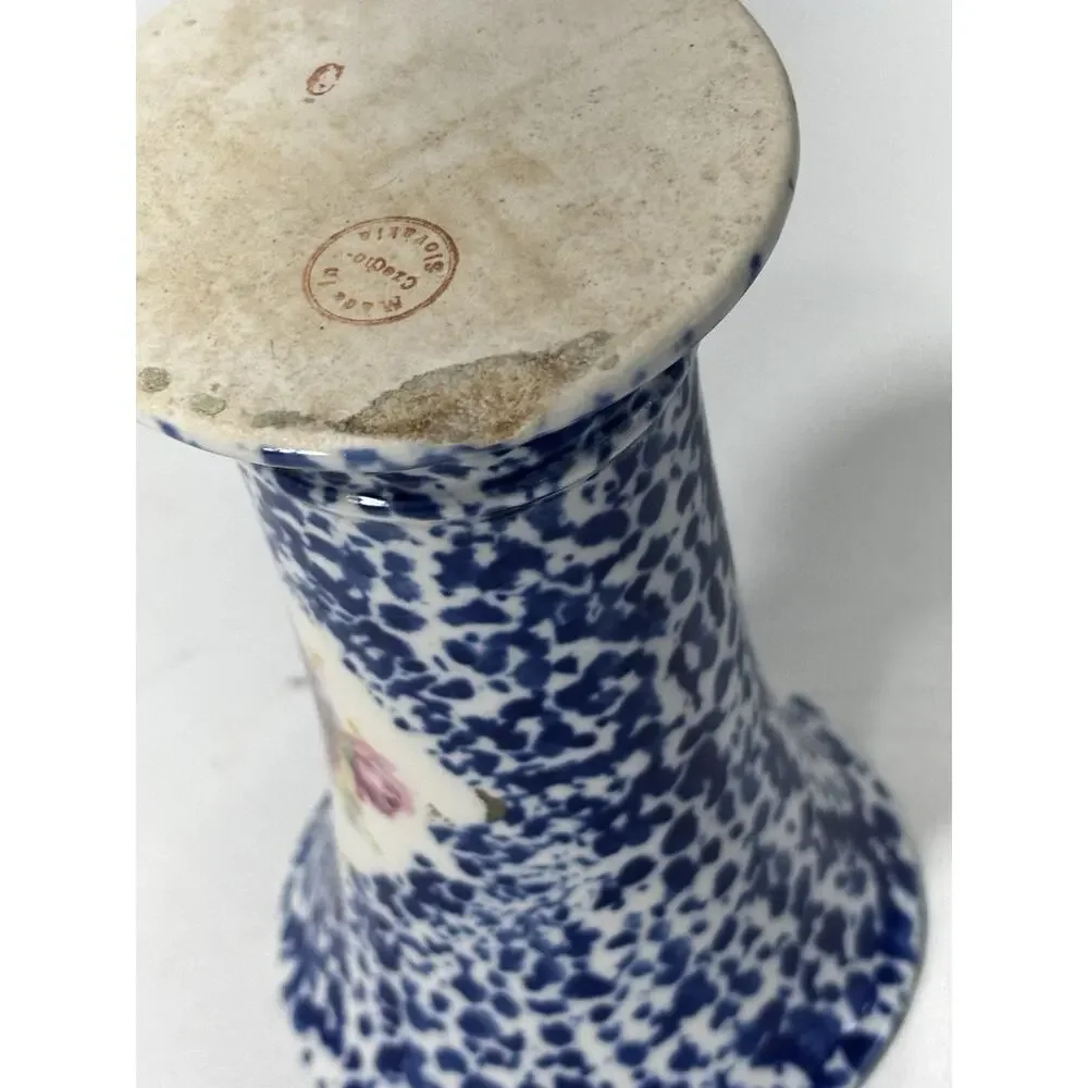 Antique Meco Czecho Slovakia Blue Spongeware Floral Art Pottery Vase 6